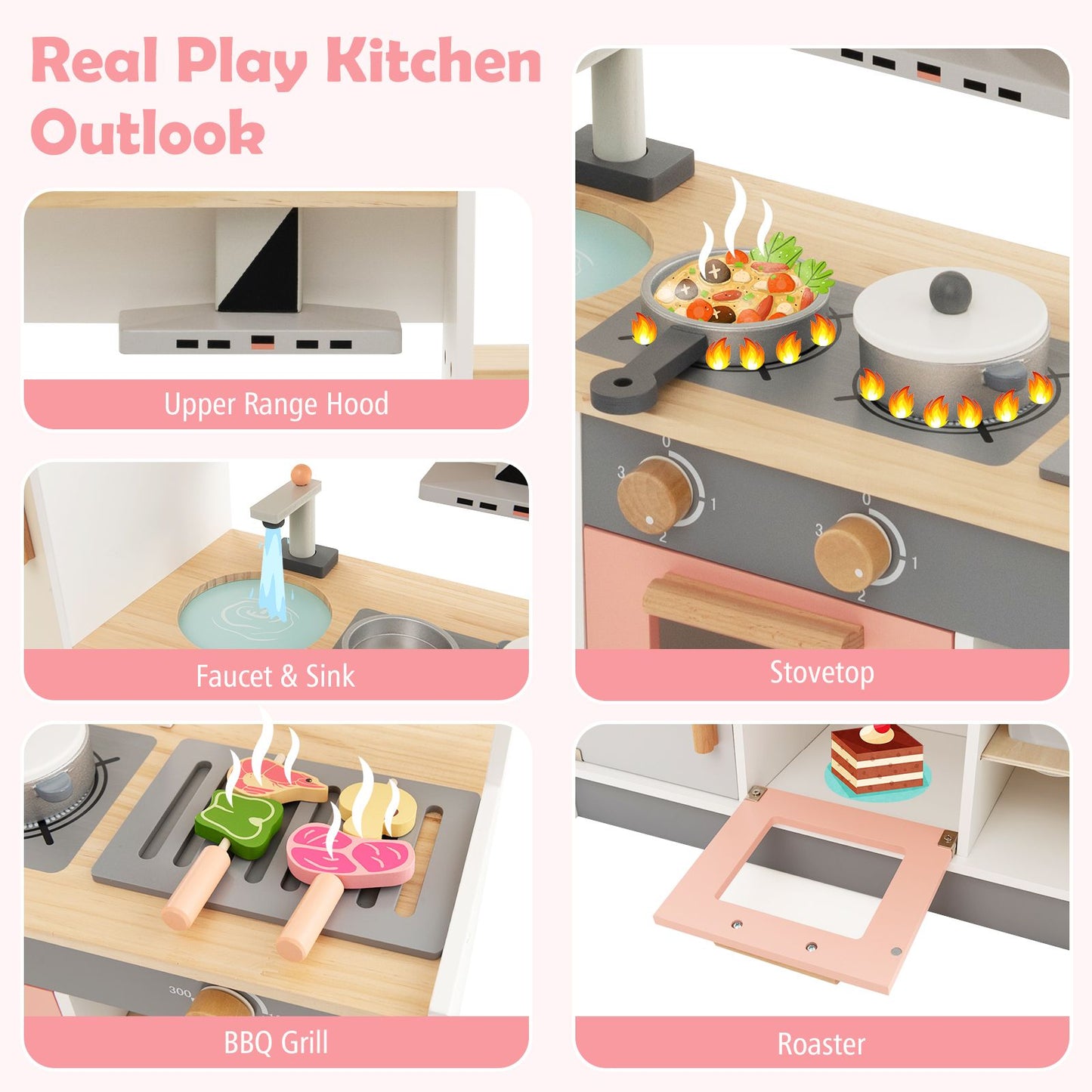 Wooden Pretend Kids Play Kitchen Set with Realistic Range Hood