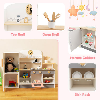 Wooden Pretend Kids Play Kitchen Set with Realistic Range Hood