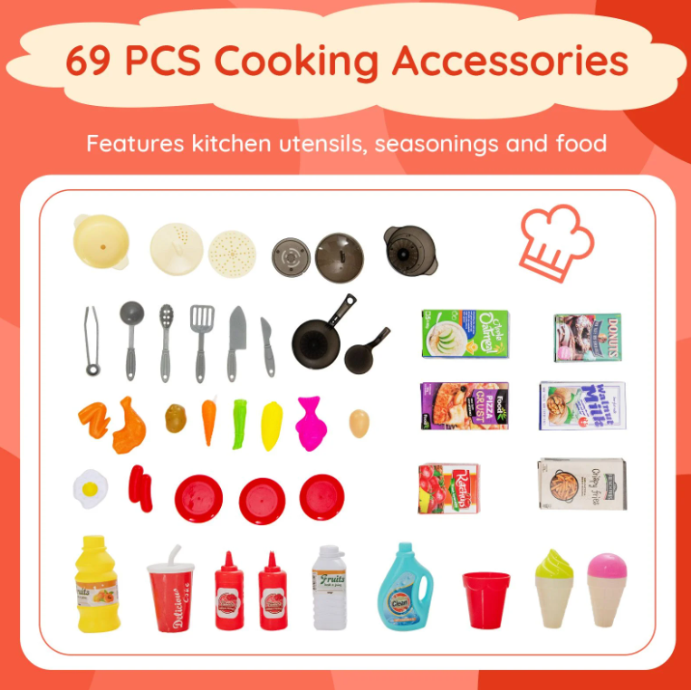 69 Pieces Kids Kitchen Playset Toy with Boiling and Vapor Effects